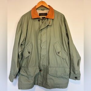 Men’s Eddie Bauer Green Chore Jacket w/Tan Leather Collar! Size L!100%Cotton!